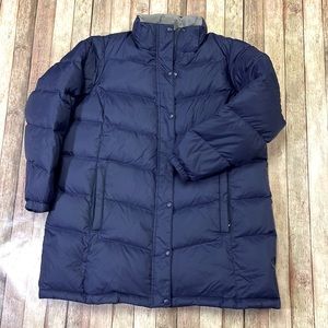 LL Bean womens 1X navy blue solid full zip up long winter down fill jacket